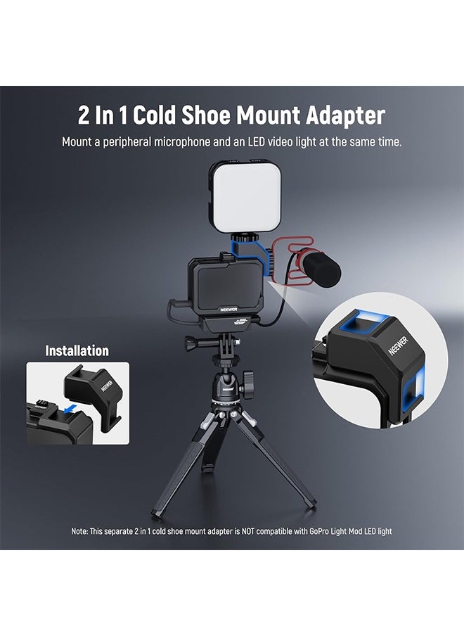 NEEWER Video Rig Cage Compatible with GoPro Hero 12 11 10 9 Light Mod Max Lens Mod, Durable Plastic with 3.5mm Media Audio Mic Adapter Mount, Cold Shoe Adapter, Battery Cover for Vlogging, AC007