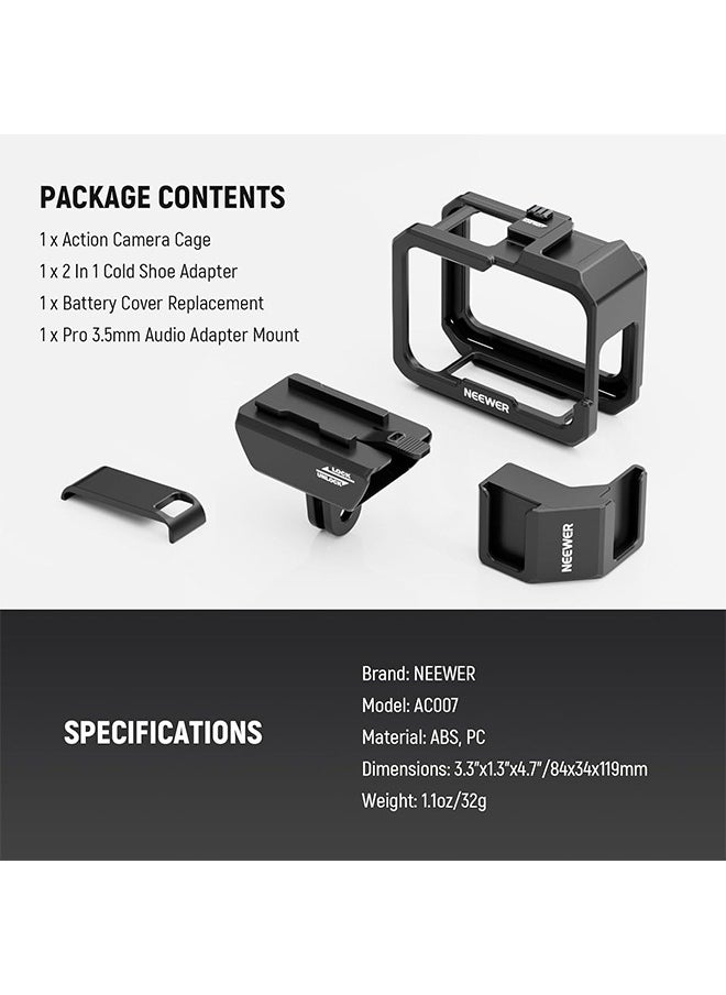 NEEWER Video Rig Cage Compatible with GoPro Hero 12 11 10 9 Light Mod Max Lens Mod, Durable Plastic with 3.5mm Media Audio Mic Adapter Mount, Cold Shoe Adapter, Battery Cover for Vlogging, AC007