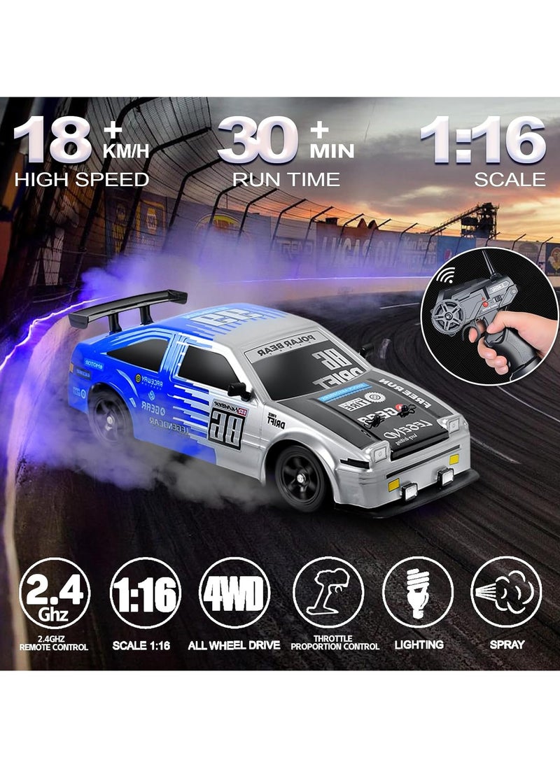 1:16 Scale RC Drift Car Remote Control Car 2.4ghz 4WD High Speed RC Cars Vehicle with LED Lights Two Batteries and Drifting Tire Racing Sport Toy for Adults Boys Girls Kids Gift - Blue/Grey