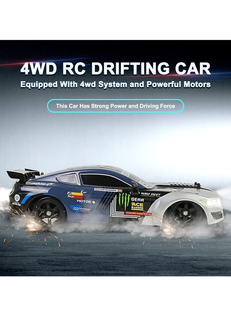 1:16 Scale Remote Control Car RC Drift Car 4WD 18KM/H High Speed Model Vehicle 2.4GHz with LED Lights Spray Rubber Tire Racing Sport Toy Car for Adults Boys Girls Kids Gift 2Pcs Rechargeable Batteries - Navy Blue