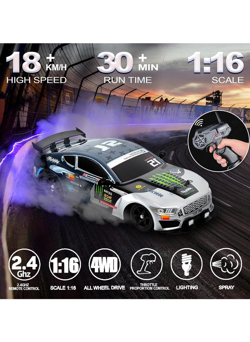 1:16 Scale Remote Control Car RC Drift Car 4WD 18KM/H High Speed Model Vehicle 2.4GHz with LED Lights Spray Rubber Tire Racing Sport Toy Car for Adults Boys Girls Kids Gift 2Pcs Rechargeable Batteries - Navy Blue
