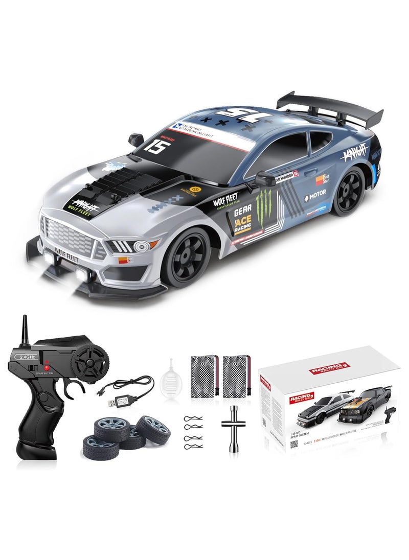 1:16 Scale Remote Control Car RC Drift Car 4WD 18KM/H High Speed Model Vehicle 2.4GHz with LED Lights Spray Rubber Tire Racing Sport Toy Car for Adults Boys Girls Kids Gift 2Pcs Rechargeable Batteries - Navy Blue