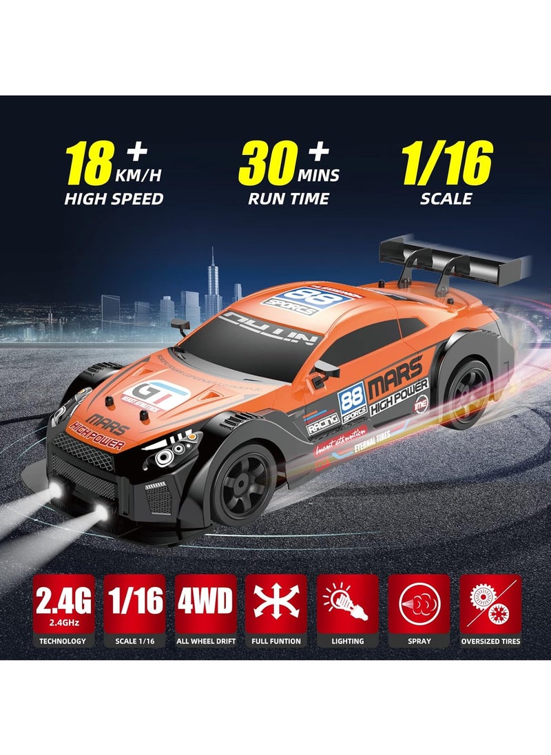 1:16 Scale Remote Control Car RC Drift Car 4WD 18KM/H High Speed Model Vehicle 2.4GHz with LED Lights Spray Rubber Tire Racing Sport Toy Car for Adults Boys Girls Kids Gift 2Pcs Rechargeable Batteries - Orange/Black