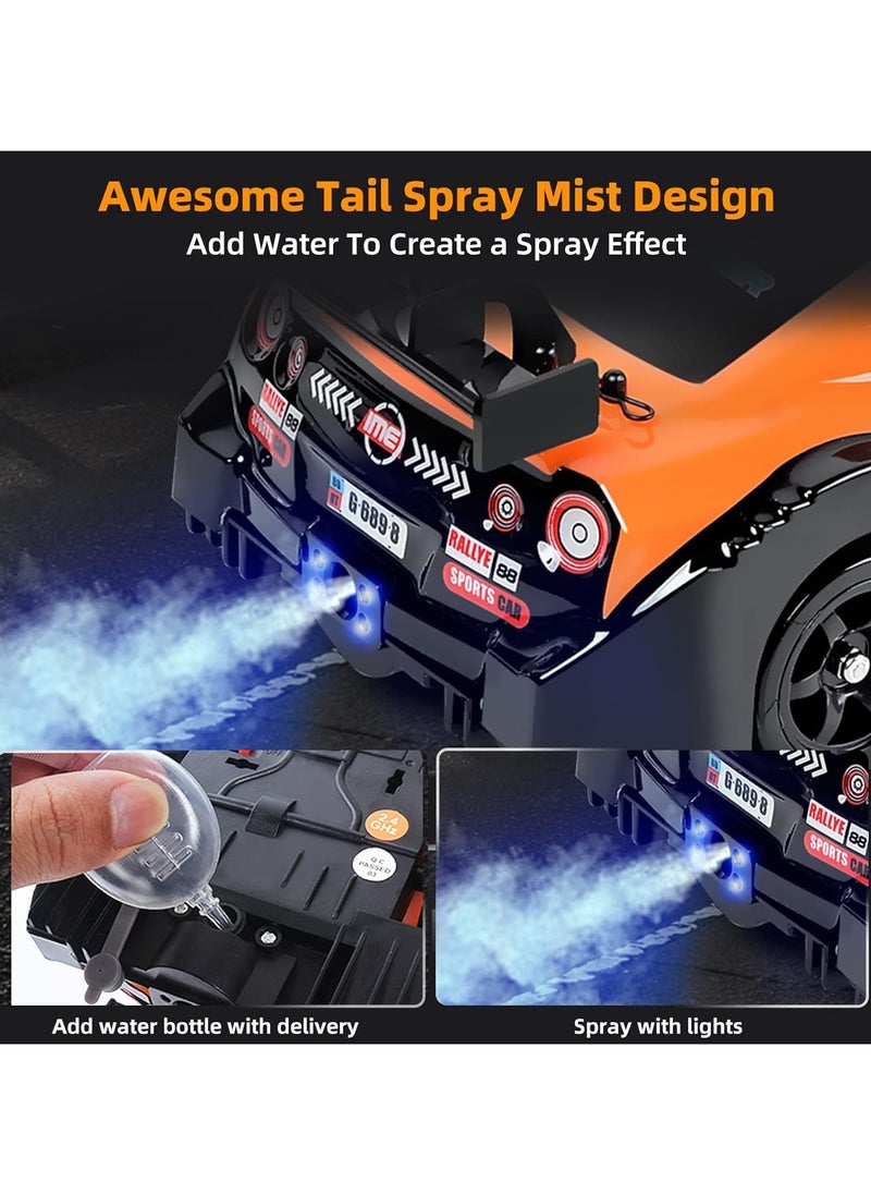 1:16 Scale Remote Control Car RC Drift Car 4WD 18KM/H High Speed Model Vehicle 2.4GHz with LED Lights Spray Rubber Tire Racing Sport Toy Car for Adults Boys Girls Kids Gift 2Pcs Rechargeable Batteries - Orange/Black