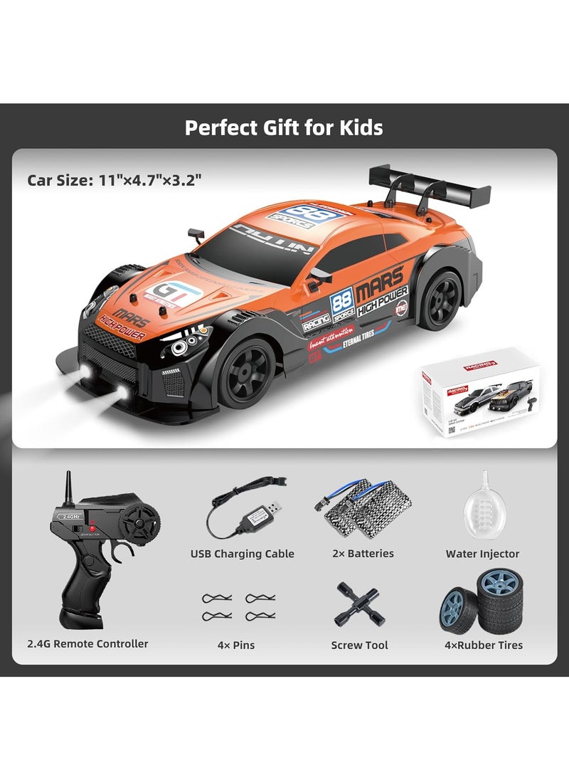 1:16 Scale Remote Control Car RC Drift Car 4WD 18KM/H High Speed Model Vehicle 2.4GHz with LED Lights Spray Rubber Tire Racing Sport Toy Car for Adults Boys Girls Kids Gift 2Pcs Rechargeable Batteries - Orange/Black