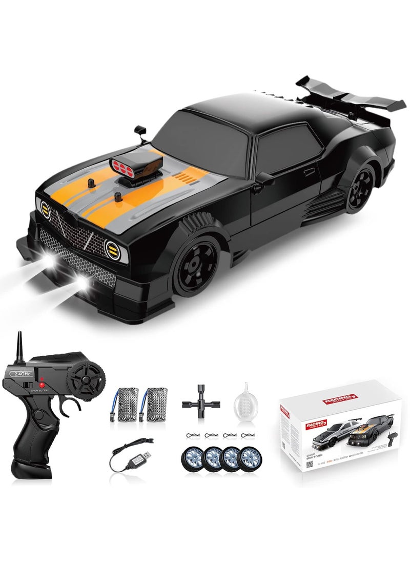 1:16 Scale Remote Control Car RC Drift Car 4WD 18KM/H High Speed Model Vehicle 2.4GHz with LED Lights Spray Rubber Tire Racing Sport Toy Car for Adults Boys Girls Kids Gift 2Pcs Rechargeable Batteries - Black