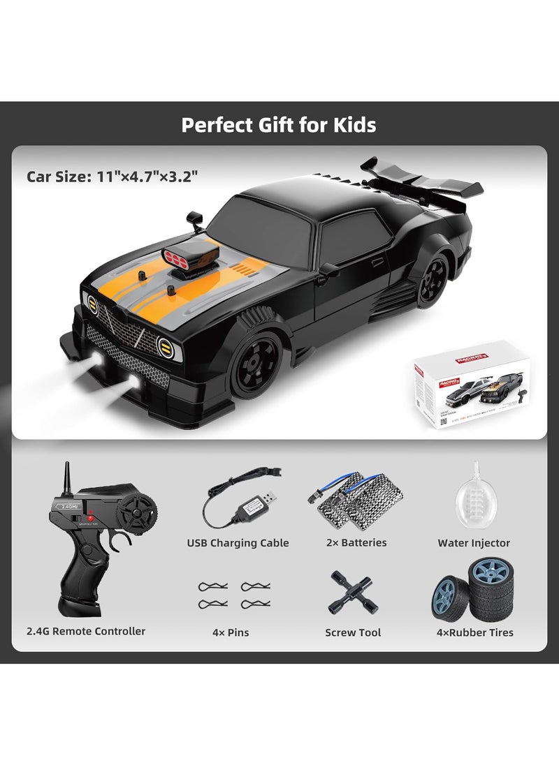 1:16 Scale Remote Control Car RC Drift Car 4WD 18KM/H High Speed Model Vehicle 2.4GHz with LED Lights Spray Rubber Tire Racing Sport Toy Car for Adults Boys Girls Kids Gift 2Pcs Rechargeable Batteries - Black