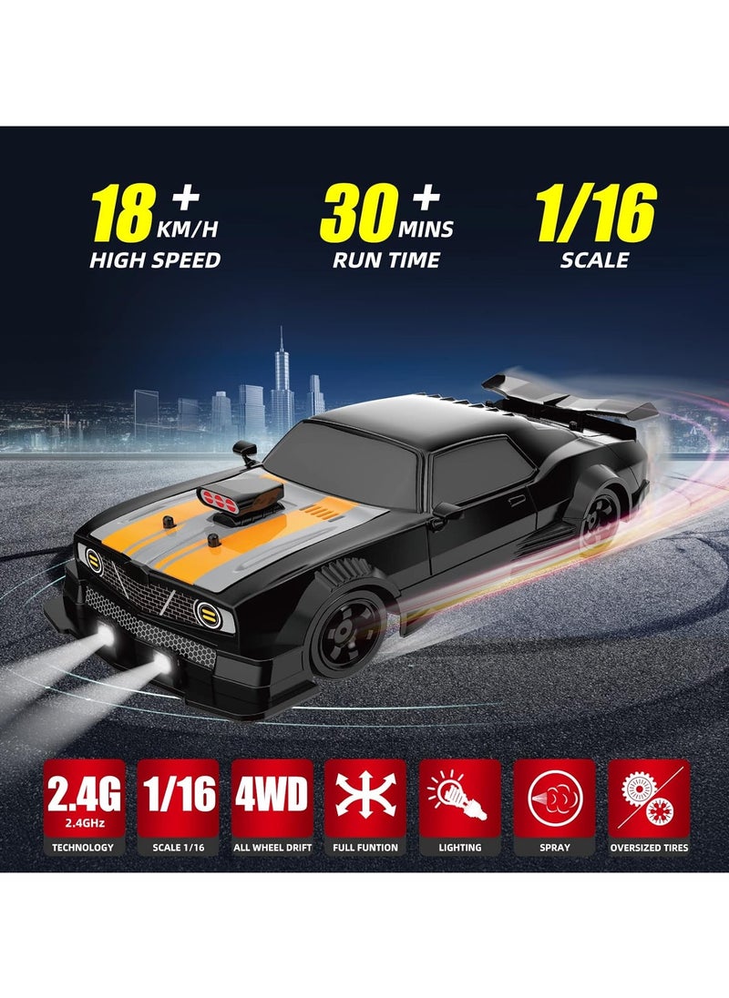 1:16 Scale Remote Control Car RC Drift Car 4WD 18KM/H High Speed Model Vehicle 2.4GHz with LED Lights Spray Rubber Tire Racing Sport Toy Car for Adults Boys Girls Kids Gift 2Pcs Rechargeable Batteries - Black