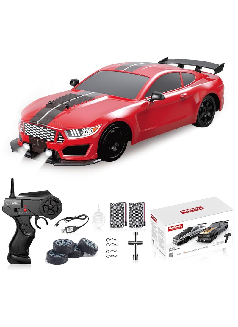 1:16 Scale Remote Control Car RC Drift Car 4WD 18KM/H High Speed Model Vehicle 2.4GHz with LED Lights Spray Rubber Tire Racing Sport Toy Car for Adults Boys Girls Kids Gift 2Pcs Rechargeable Batteries - Red