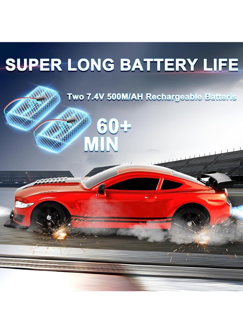 1:16 Scale Remote Control Car RC Drift Car 4WD 18KM/H High Speed Model Vehicle 2.4GHz with LED Lights Spray Rubber Tire Racing Sport Toy Car for Adults Boys Girls Kids Gift 2Pcs Rechargeable Batteries - Red