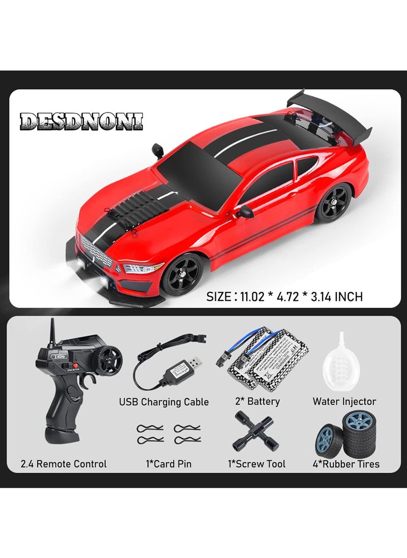 1:16 Scale Remote Control Car RC Drift Car 4WD 18KM/H High Speed Model Vehicle 2.4GHz with LED Lights Spray Rubber Tire Racing Sport Toy Car for Adults Boys Girls Kids Gift 2Pcs Rechargeable Batteries - Red