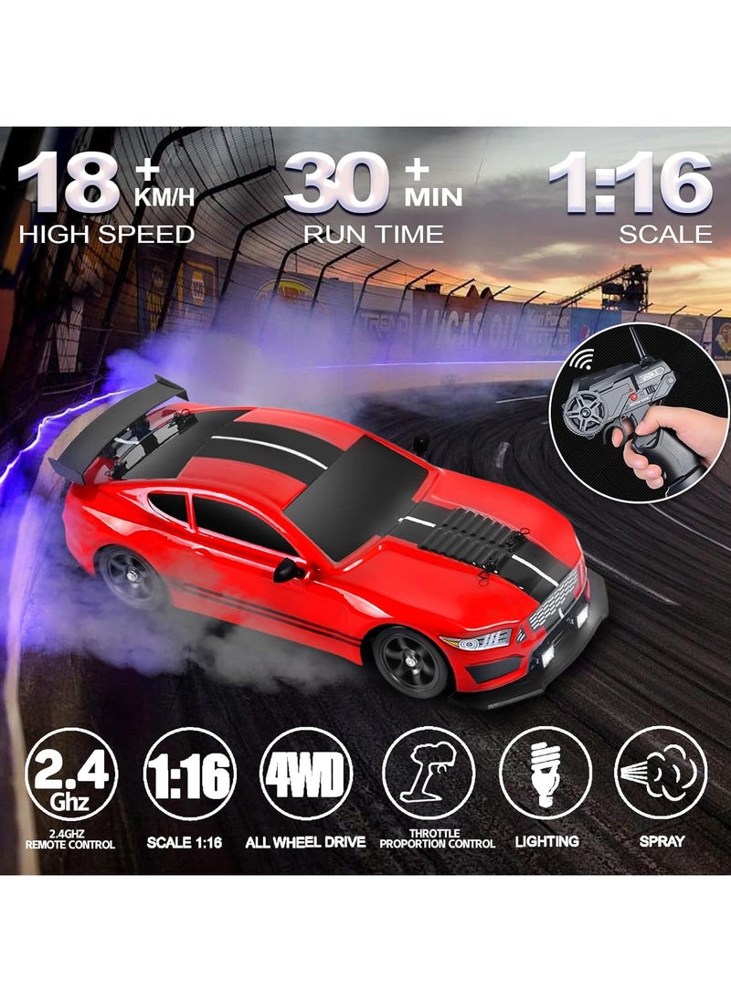 1:16 Scale Remote Control Car RC Drift Car 4WD 18KM/H High Speed Model Vehicle 2.4GHz with LED Lights Spray Rubber Tire Racing Sport Toy Car for Adults Boys Girls Kids Gift 2Pcs Rechargeable Batteries - Red