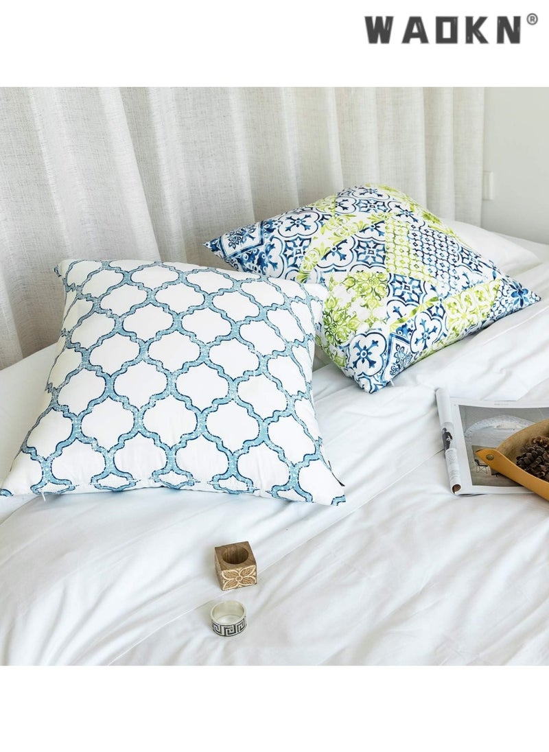 Fresh Living Blue&Green Accent ，Simple geometric printing abstract floral linen pillow cover peach skin velvet sofa pillowcase cushion cover