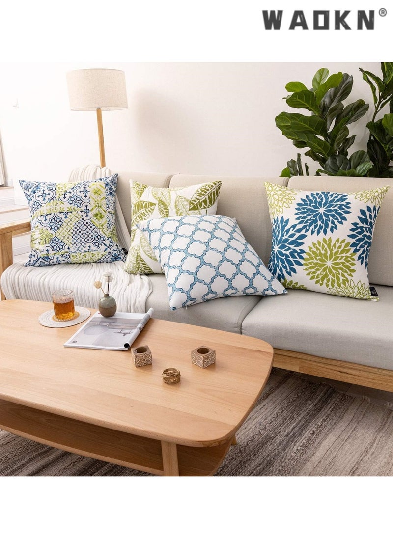 Fresh Living Blue&Green Accent ，Simple geometric printing abstract floral linen pillow cover peach skin velvet sofa pillowcase cushion cover