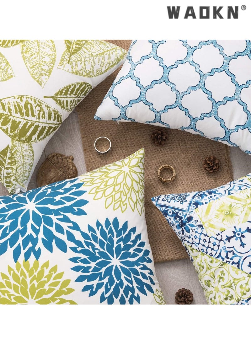 Fresh Living Blue&Green Accent ，Simple geometric printing abstract floral linen pillow cover peach skin velvet sofa pillowcase cushion cover