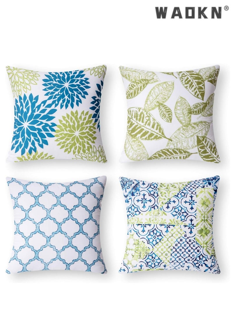 Fresh Living Blue&Green Accent ，Simple geometric printing abstract floral linen pillow cover peach skin velvet sofa pillowcase cushion cover