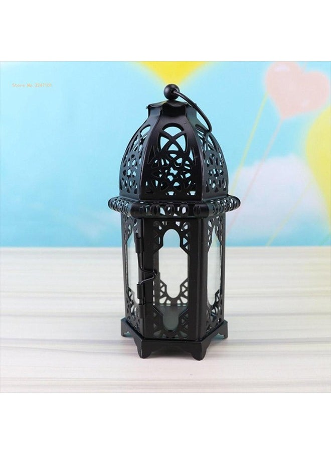 Ramadan Decorations, 2 Pieces Ramadan Decorative Candle Lanterns with Transparent Glass Panel, 6 Inch Hanging Lantern Outdoor for Ramadan, Halloween Decorative Metal Lamp for Patio, Weddings