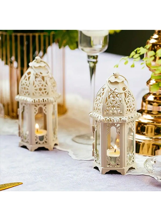 Ramadan Decorations, 2 Pieces Ramadan Decorative Candle Lanterns with Transparent Glass Panel, 6 Inch Hanging Lantern Outdoor for Ramadan, Halloween Decorative Metal Lamp for Patio, Weddings