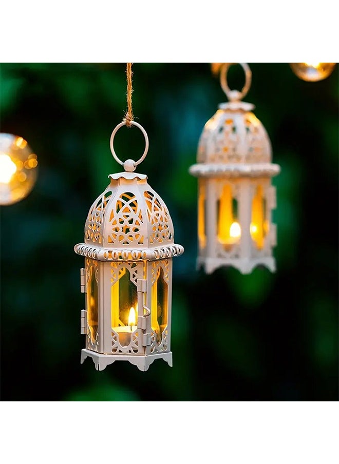 Ramadan Decorations, 2 Pieces Ramadan Decorative Candle Lanterns with Transparent Glass Panel, 6 Inch Hanging Lantern Outdoor for Ramadan, Halloween Decorative Metal Lamp for Patio, Weddings