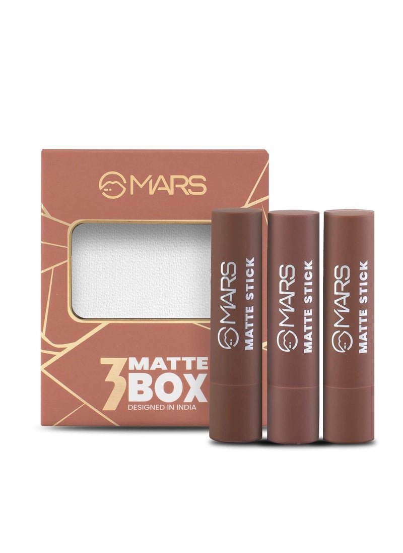 MARS Matte Box Set of 3 Lipsticks for Women | Long-Lasting | Smooth Finish | Moisturising | One Swipe Pigmentation (3x3.2 gm) (04-Brown)