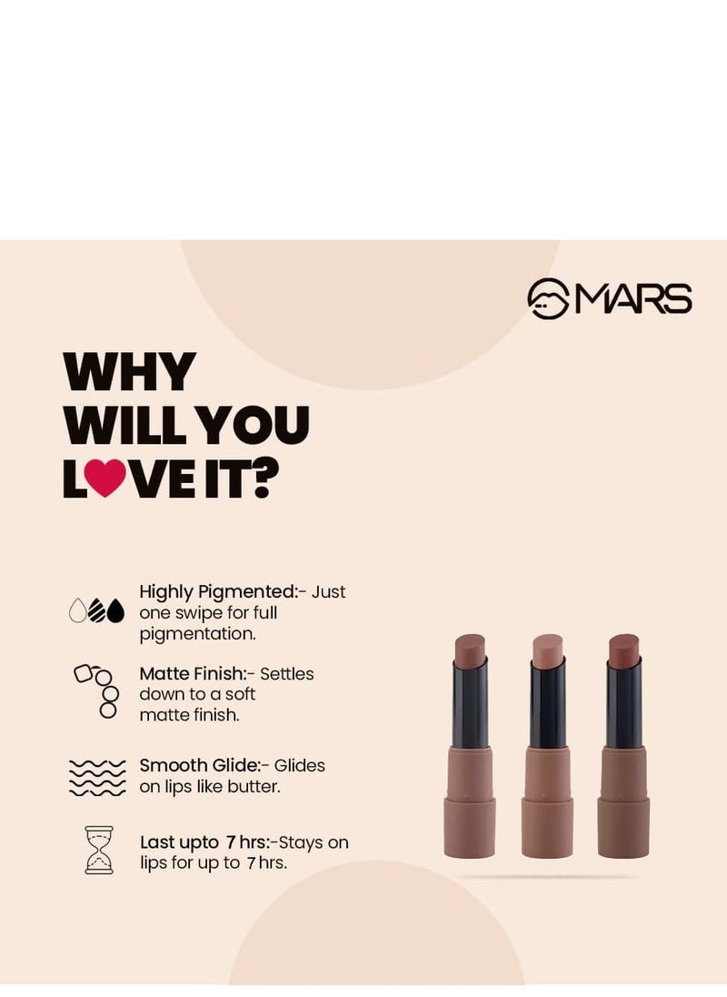 MARS Matte Box Set of 3 Lipsticks for Women | Long-Lasting | Smooth Finish | Moisturising | One Swipe Pigmentation (3x3.2 gm) (04-Brown)