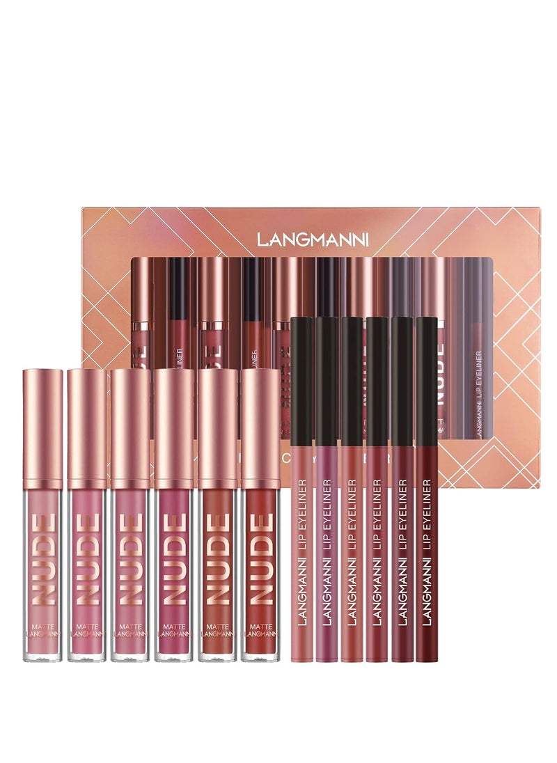 LANGMANNI 6 Matte Lipstick with 6 Lipliners Durable Makeup Set,Long-Lasting Non-Stick Cup Not Fade Waterproof Pigmented Velvet Lipgloss Kit Beauty Cosmetics Makeup Gift for Girls (#A)
