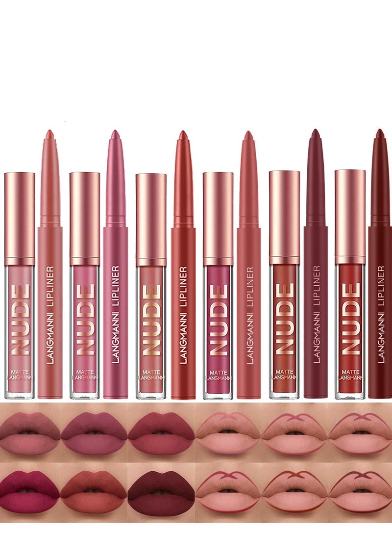 LANGMANNI 6 Matte Lipstick with 6 Lipliners Durable Makeup Set,Long-Lasting Non-Stick Cup Not Fade Waterproof Pigmented Velvet Lipgloss Kit Beauty Cosmetics Makeup Gift for Girls (#A)