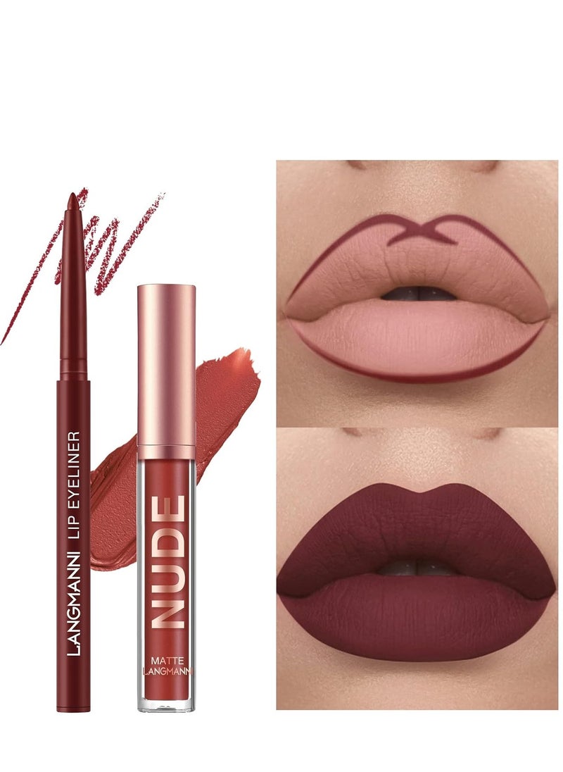 LANGMANNI 6 Matte Lipstick with 6 Lipliners Durable Makeup Set,Long-Lasting Non-Stick Cup Not Fade Waterproof Pigmented Velvet Lipgloss Kit Beauty Cosmetics Makeup Gift for Girls (#A)