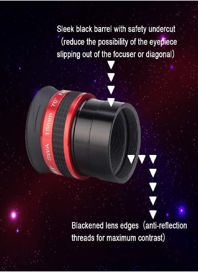 SV154 Telescope Eyepiece 1.25 inch SWA 70 Degree 15mm Super Wide Angle Telescope Accessory with Twist Up Eyecups