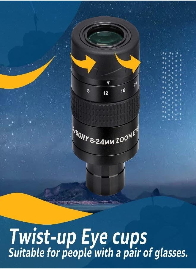 SV171 Telescope Eyepiece, Zoom Eyepiece, 1.25 inch 8mm to 24mm Zoom FMC 7 Element 4 Group for Telescope