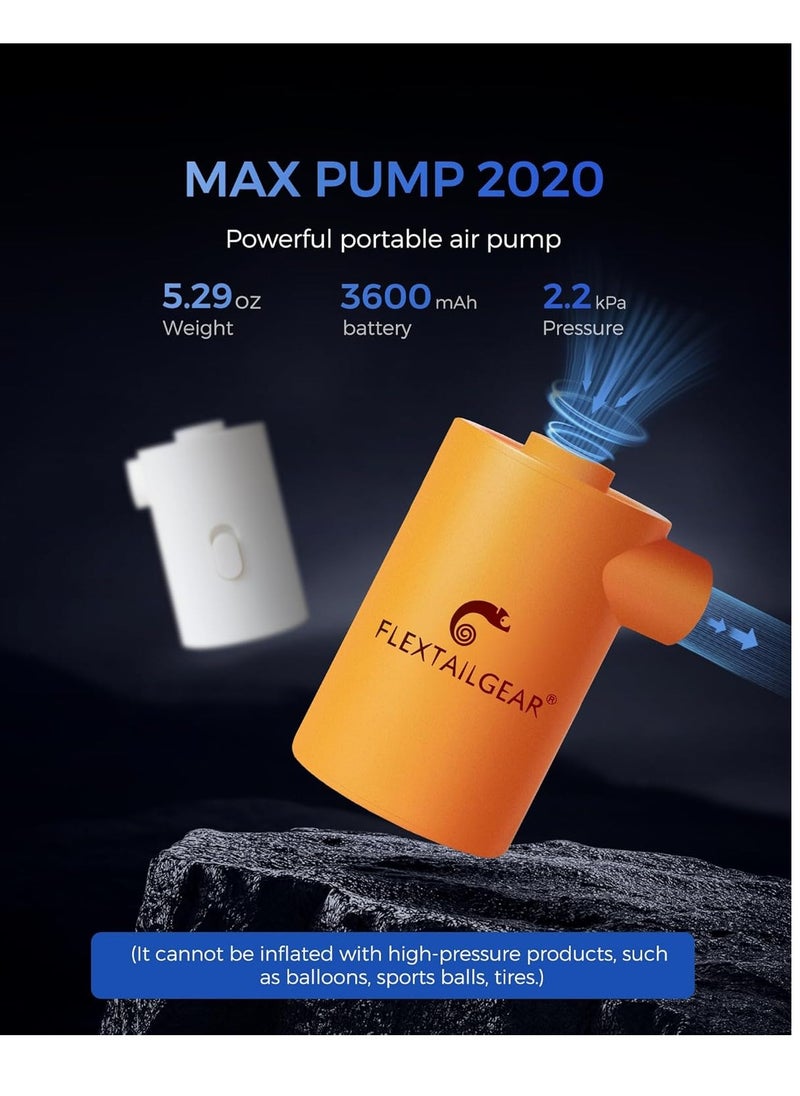 FLEXTAILGEAR MAX Pump 2020 Portable Air Pump with 3600mAH Battery USB Rechargeable Air Pump-Quick Inflate Deflate for Sleeping Pads, Air Mattress, Pool Toys, Floats, Swimming Ring, Air Bed (Orange)