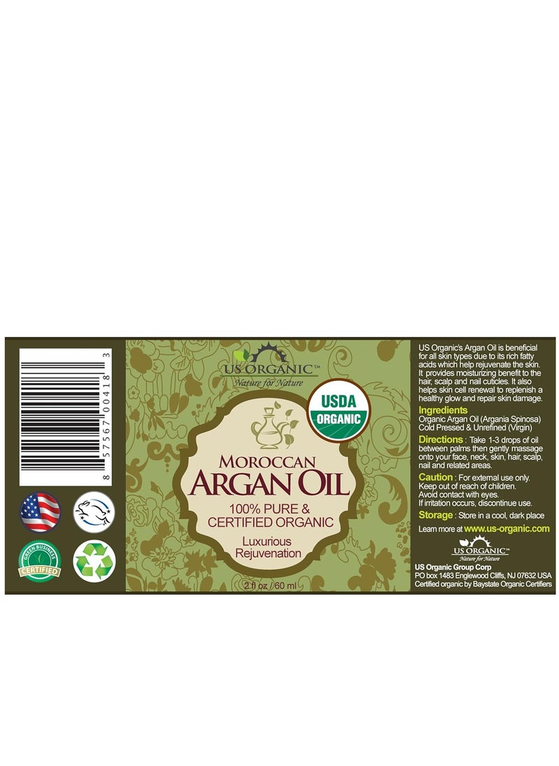 US Organic Moroccan Argan Oil, USDA Certified Organic,100% Pure & Natural, Cold Pressed Virgin, Unrefined, 2 Oz in Amber Glass Bottle, for Hair treatment, Skin, Nail, Cuticle, Sourced from Morocco.