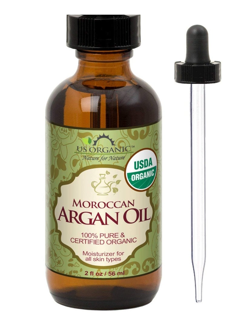 US Organic Moroccan Argan Oil, USDA Certified Organic,100% Pure & Natural, Cold Pressed Virgin, Unrefined, 2 Oz in Amber Glass Bottle, for Hair treatment, Skin, Nail, Cuticle, Sourced from Morocco.