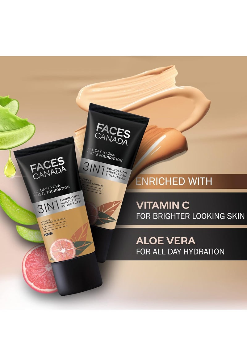 FACES CANADA All Day Hydra Matte Foundation | 3-in-1 Foundation + Moisturizer + SPF 30 | 24 HR Aloe Hydration & Vitamin C | 10HR Long Wear | Medium to High Buildable Coverage | Absolute Ivory 012 | 25ml