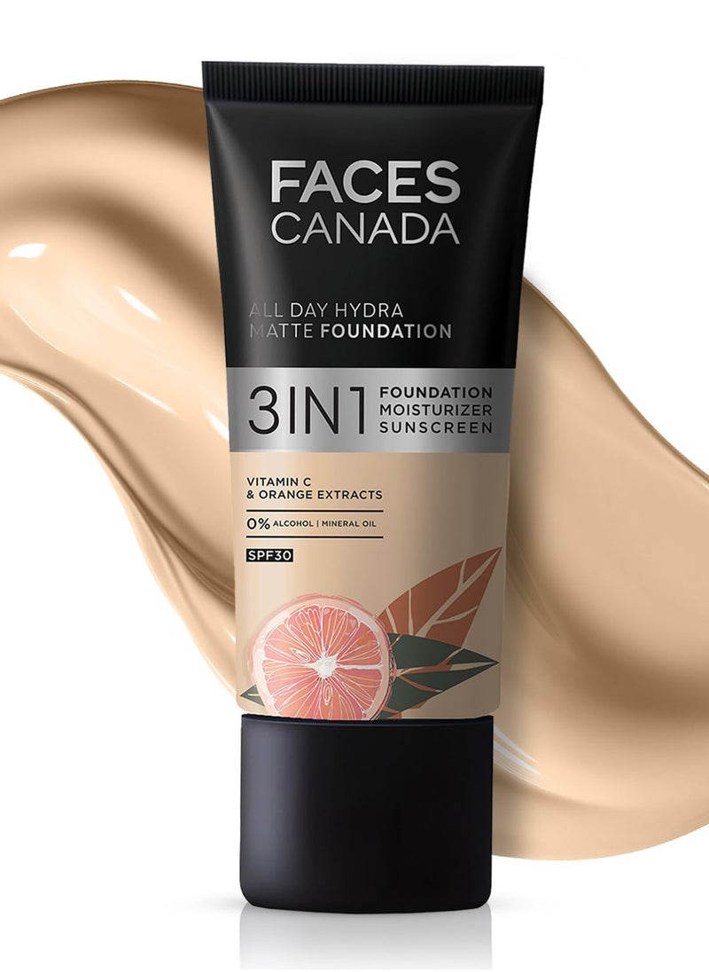 FACES CANADA All Day Hydra Matte Foundation | 3-in-1 Foundation + Moisturizer + SPF 30 | 24 HR Aloe Hydration & Vitamin C | 10HR Long Wear | Medium to High Buildable Coverage | Absolute Ivory 012 | 25ml