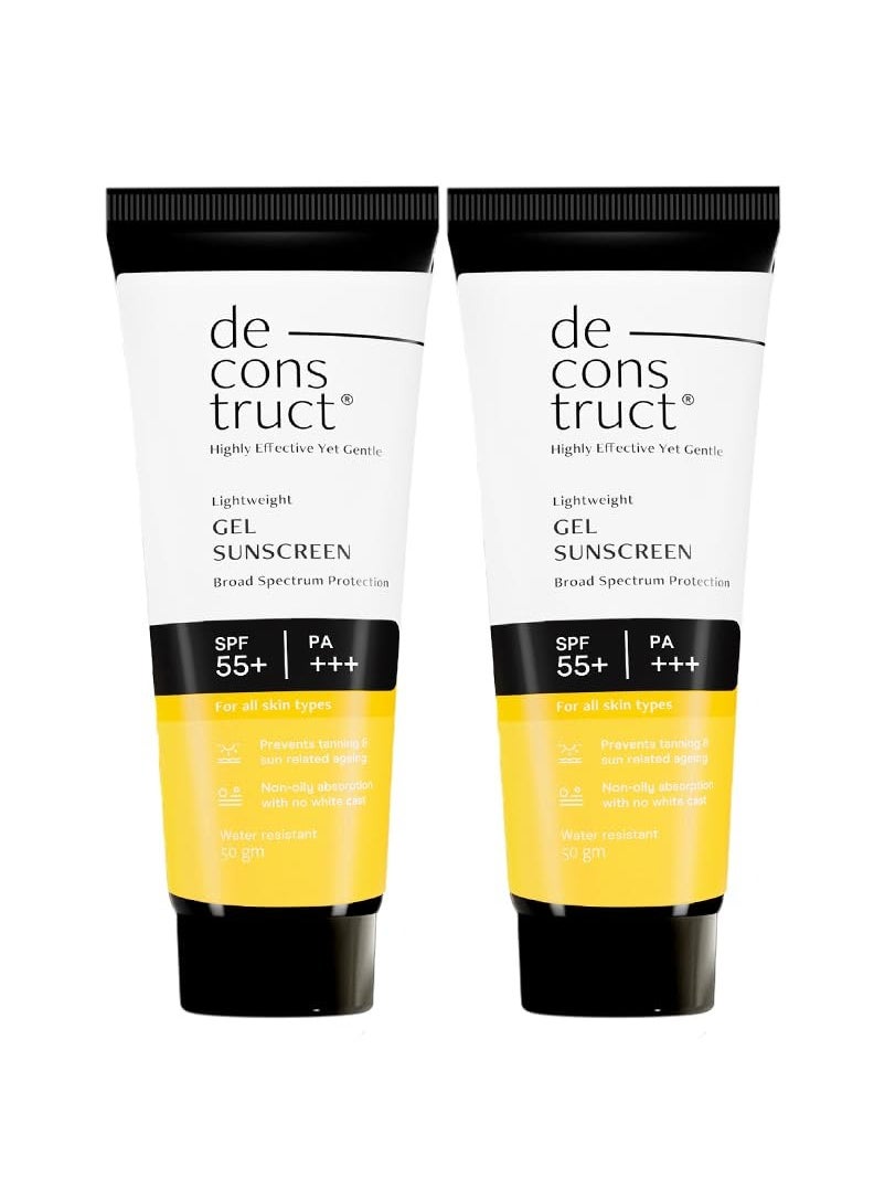 Deconstruct Face Gel Sunscreen SPF 50 + and PA+++ | Gel based sunscreen for oily, combination, acne prone & normal skin| Broad spectrum sunscreen, No White Cast, Lightweight - 50g each, pack of 2