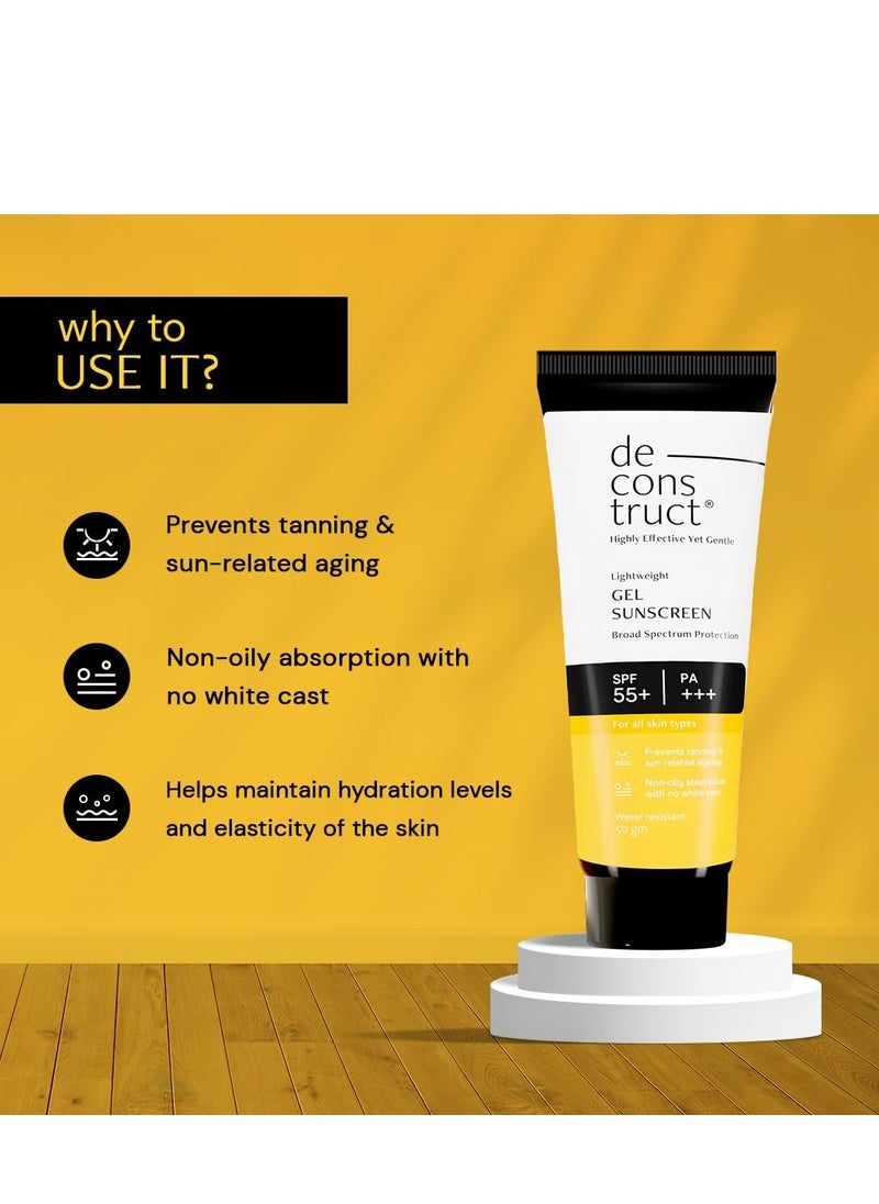Deconstruct Face Gel Sunscreen SPF 50 + and PA+++ | Gel based sunscreen for oily, combination, acne prone & normal skin| Broad spectrum sunscreen, No White Cast, Lightweight - 50g each, pack of 2
