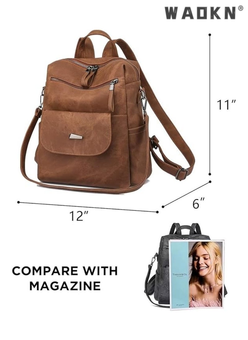 PU Leather Backpack Purse for Women Fashion Multipurpose Design Handbag Ladies Shoulder Bags Travel Backpack, Brown, 12“*11“*5“, Travel Backpacks