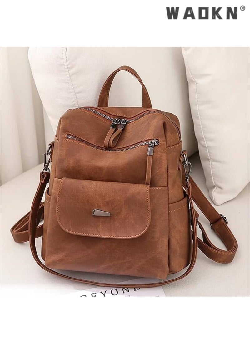 PU Leather Backpack Purse for Women Fashion Multipurpose Design Handbag Ladies Shoulder Bags Travel Backpack, Brown, 12“*11“*5“, Travel Backpacks