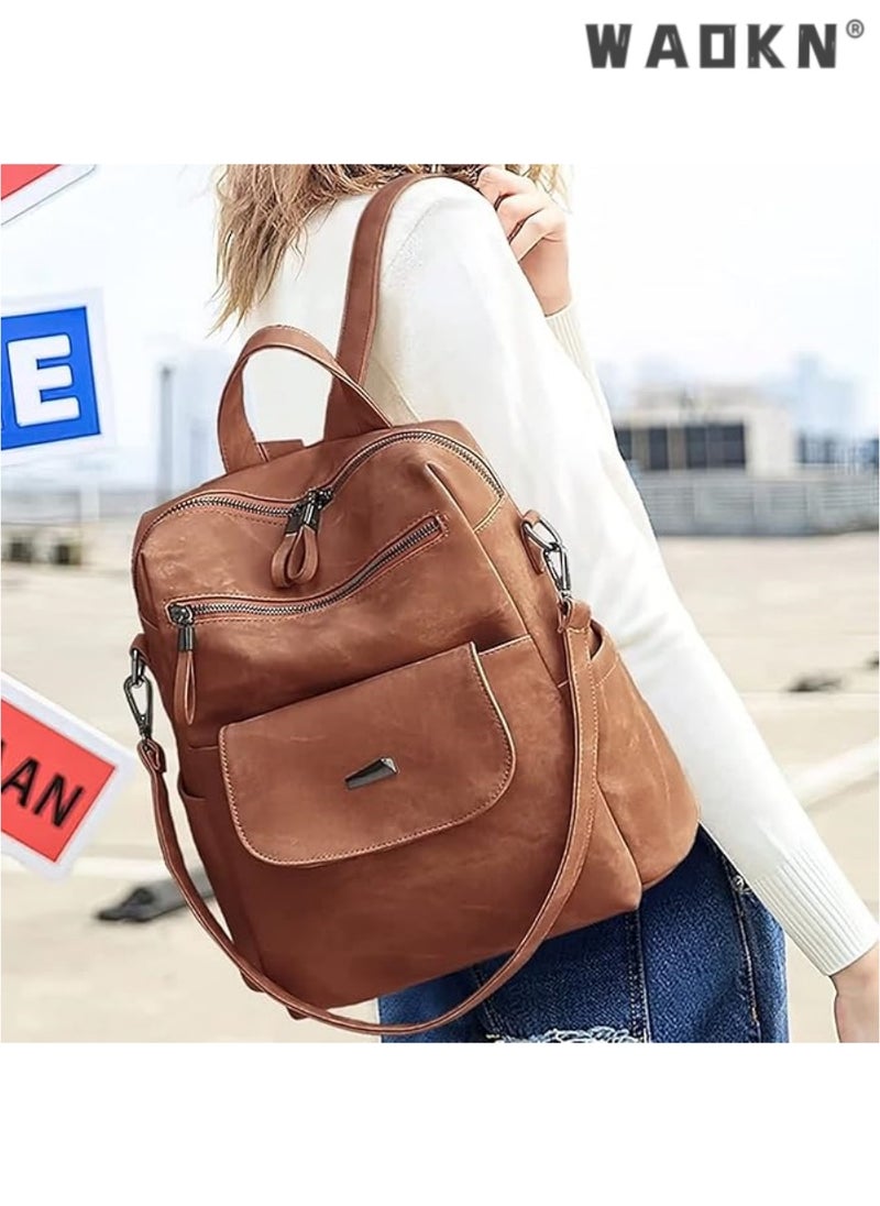PU Leather Backpack Purse for Women Fashion Multipurpose Design Handbag Ladies Shoulder Bags Travel Backpack, Brown, 12“*11“*5“, Travel Backpacks