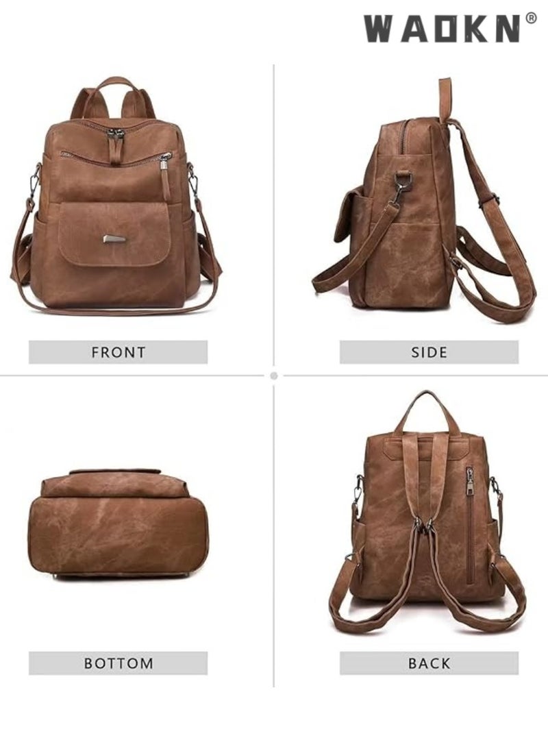 PU Leather Backpack Purse for Women Fashion Multipurpose Design Handbag Ladies Shoulder Bags Travel Backpack, Brown, 12“*11“*5“, Travel Backpacks
