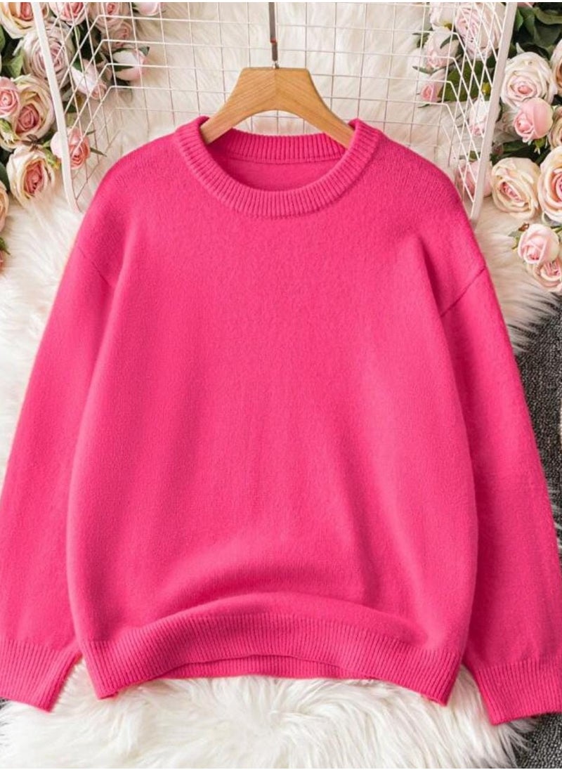 Women's Pink Crew Neck Winter Wear Sweatshirt