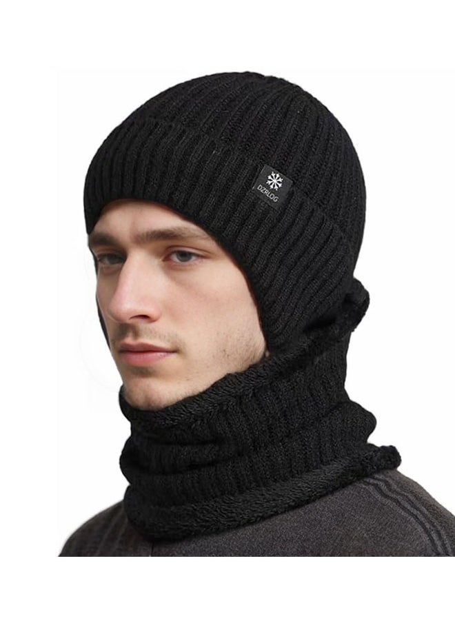 2pcs Mens Winter Knit Beanie with Earflap Neck Warmer Set Outdoor Warm Thermal Knitted Hat with Fleece Lined Skull Cap for women