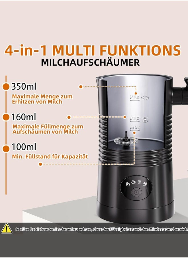 Milk Frother,4 IN 1 Automatic Milk Frother for Hot and Cold,Electric Coffee Frother, Frother for Coffee, Latte, Hot Chocolate,304 Stainless Steel, 350 ml, Non-Stick Coating,Black