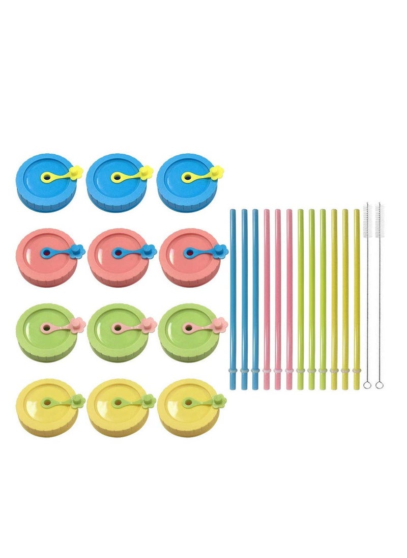 Jar Lids With Straw Hole Bpa-Free Plastic Straws Silicone Stoppers Rings And Cleaning Brush - 26 Pack For Drinking And Food Storage Solutions.