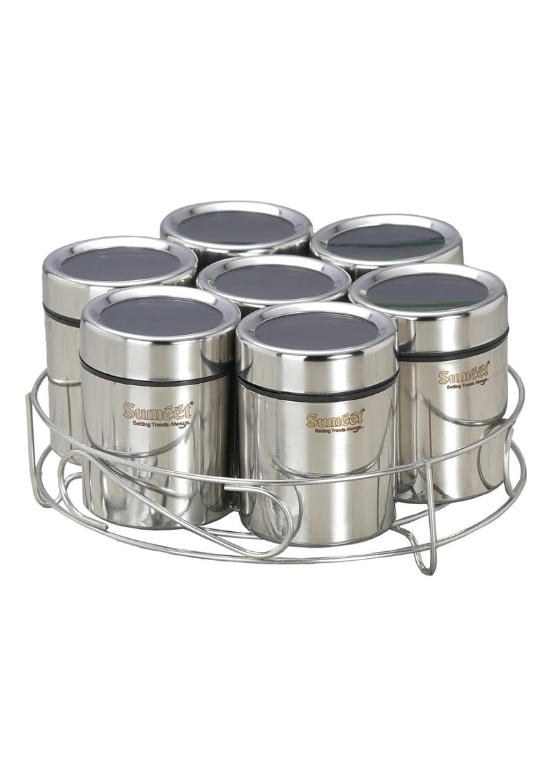 Sumeet 7In1 Stainless Steel + Countertop Tabletop See Through Lid Masala Stand/Dry Fruit Stand With Stand And 7 Spoons,Beige