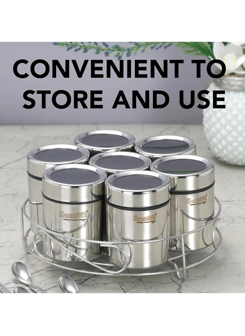 Sumeet 7In1 Stainless Steel + Countertop Tabletop See Through Lid Masala Stand/Dry Fruit Stand With Stand And 7 Spoons,Beige