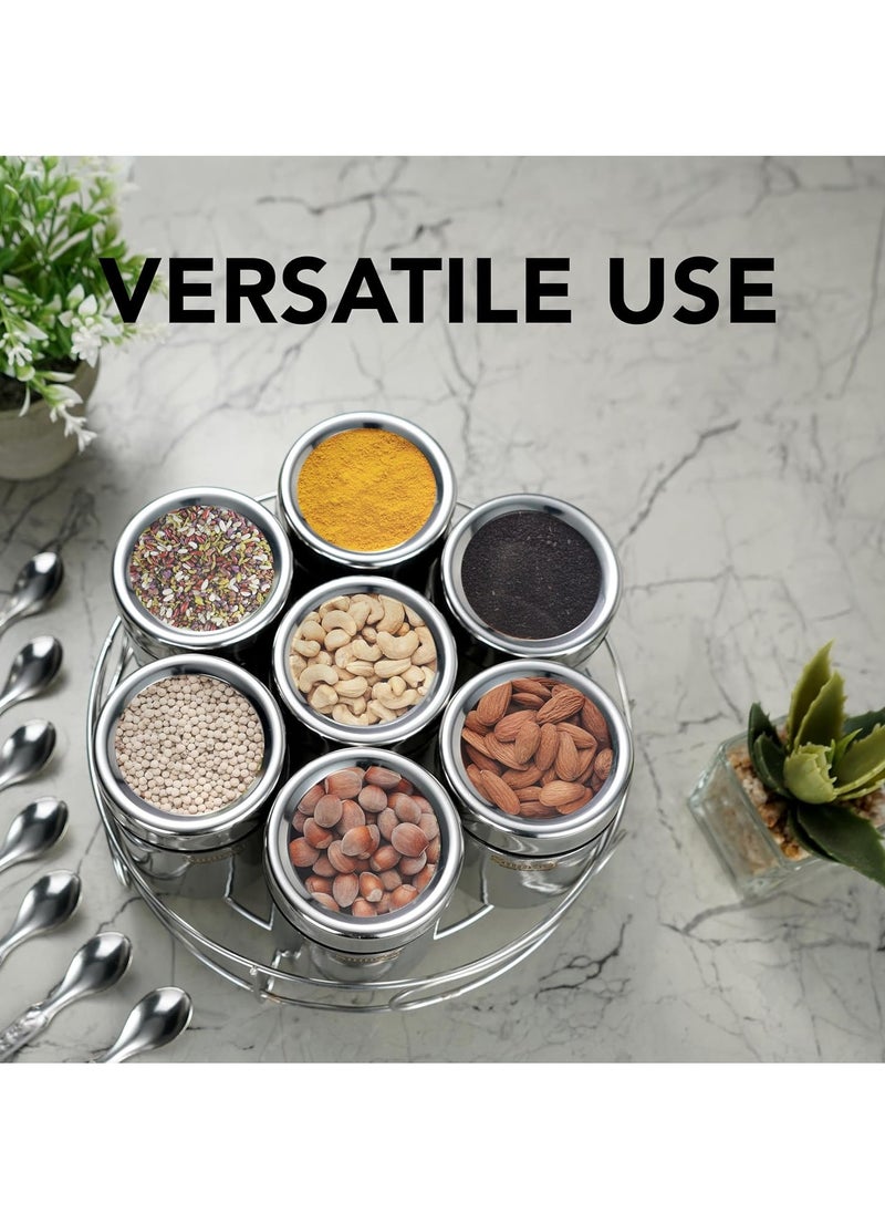 Sumeet 7In1 Stainless Steel + Countertop Tabletop See Through Lid Masala Stand/Dry Fruit Stand With Stand And 7 Spoons,Beige
