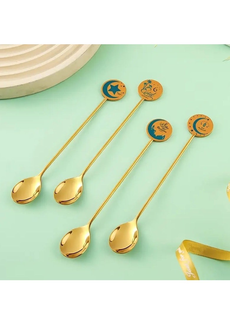 4pcs Set Stainless Steel Dessert Spoons - Camel, Star, Moon, Lighthouse Designs - Golden Finish, Ideal for Cake, Coffee, Ice Cream - Gift Box Included, Coffee Tableware|Whimsical Spoon Designs|Polished Golden Finish, Dessert Table Display Set