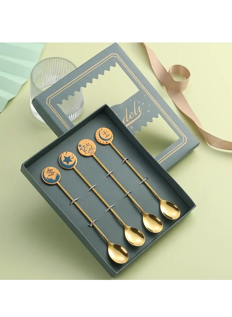 4pcs Set Stainless Steel Dessert Spoons - Camel, Star, Moon, Lighthouse Designs - Golden Finish, Ideal for Cake, Coffee, Ice Cream - Gift Box Included, Coffee Tableware|Whimsical Spoon Designs|Polished Golden Finish, Dessert Table Display Set